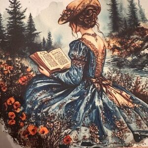 Mouse pad featuring a woman in an Victorian dress by a river scenic